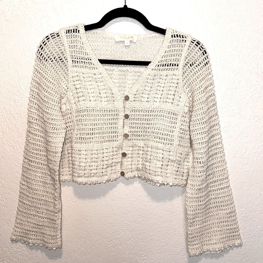 Rebellion Cream Cotton Crochet Button long  Sleeve Cardigan